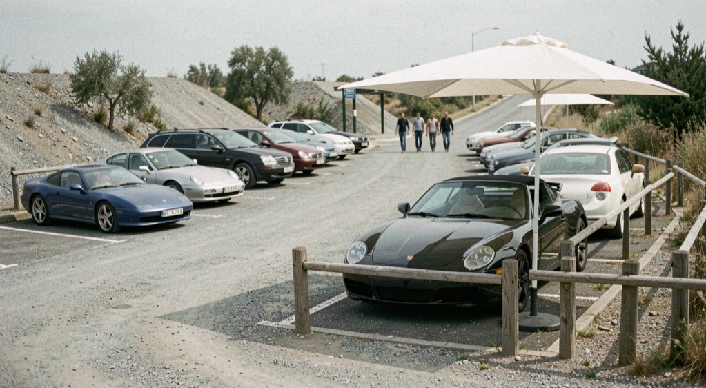 Des voitures de prestige rangées en quinconce au bord d’un parking minéral, un parasol ouvert près d’une barrière basse, des promeneurs qui repartent vers la sortie.