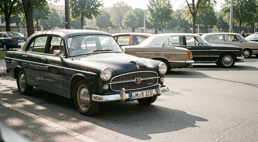Une voiture ancienne à la peinture sombre garée au premier plan, un banc de berlines derrière, des ombres portées longues sur le bitume d’un matin de juillet.