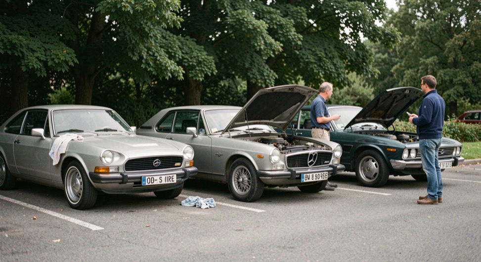 Trois voitures de collection garées en épi sur un parking bordé d’arbres, un chiffon posé sur une aile, deux visiteurs qui parlent devant un capot ouvert.