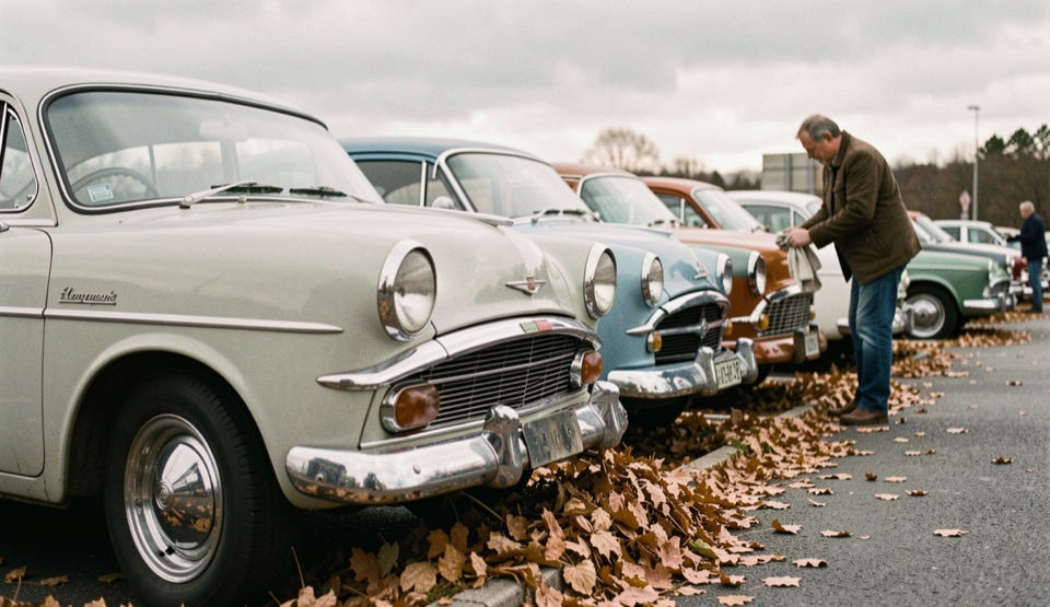 Une rangée de voitures anciennes sous un ciel couvert, des feuilles mortes accumulées contre un pare-chocs chromé, un propriétaire qui replie un chiffon.