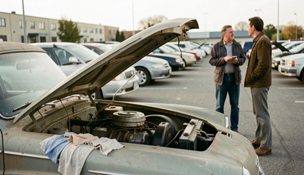 Un capot relevé sur un moteur de voiture ancienne, des chiffons pliés sur une aile, deux curieux qui discutent à distance et le parking qui se remplit derrière.