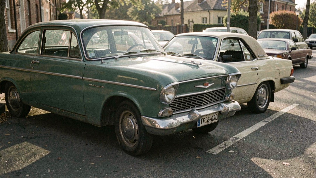 Une voiture ancienne à la peinture verte garée au premier plan, un banc de berlines plus récentes derrière, des ombres portées longues sur le bitume du matin.