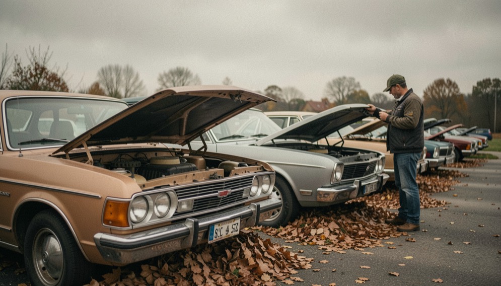 Une rangée de voitures anciennes sous un ciel couvert, des feuilles mortes accumulées contre un pare-chocs, un propriétaire qui referme un capot à fond plat.