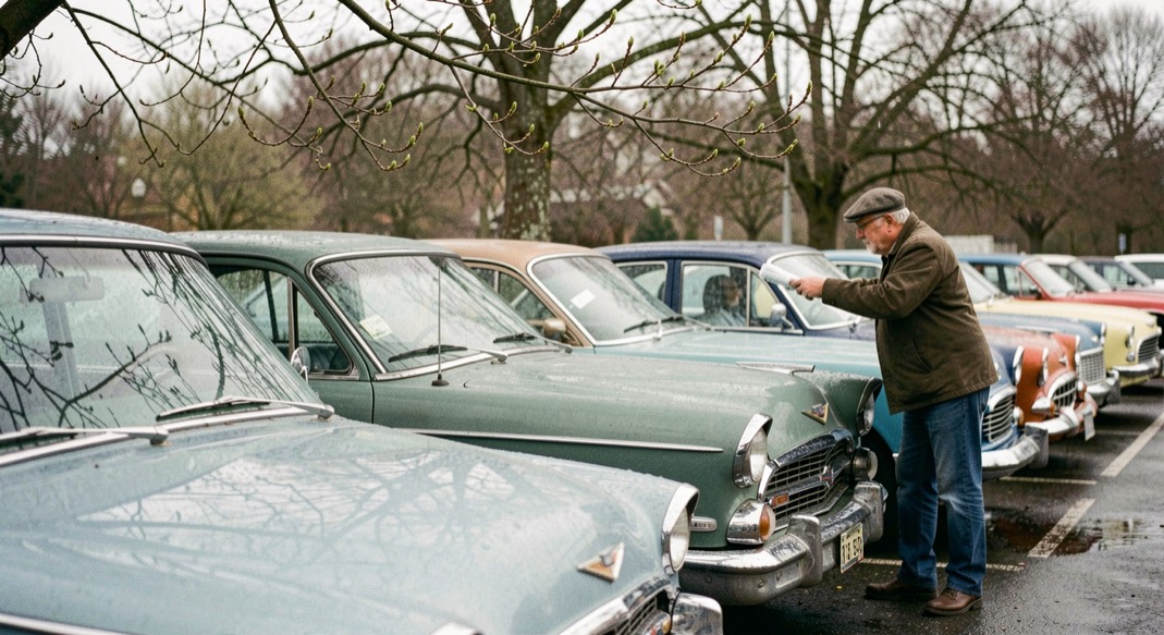 Une rangée de voitures anciennes au bord d’un parking encore humide, des branches en bourgeons au-dessus des capots, un homme qui essuie un pare-brise.