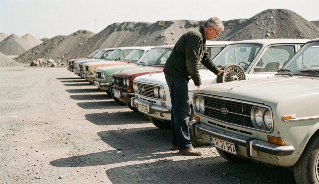 Des voitures anciennes alignées sur un parking minéral en pleine lumière, des ombres courtes sous les portières, un propriétaire penché sur une jante à rayons.