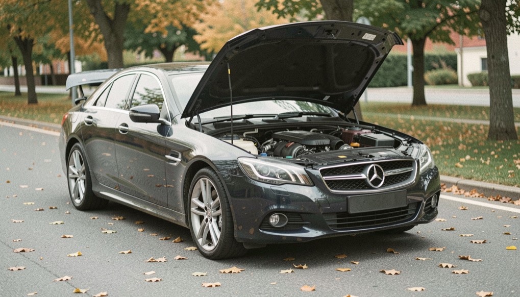 Une voiture de prestige à la carrosserie sombre garée en équerre, son capot relevé sur un moteur nettoyé, des feuilles d’arbre éparses sur le bitume clair.