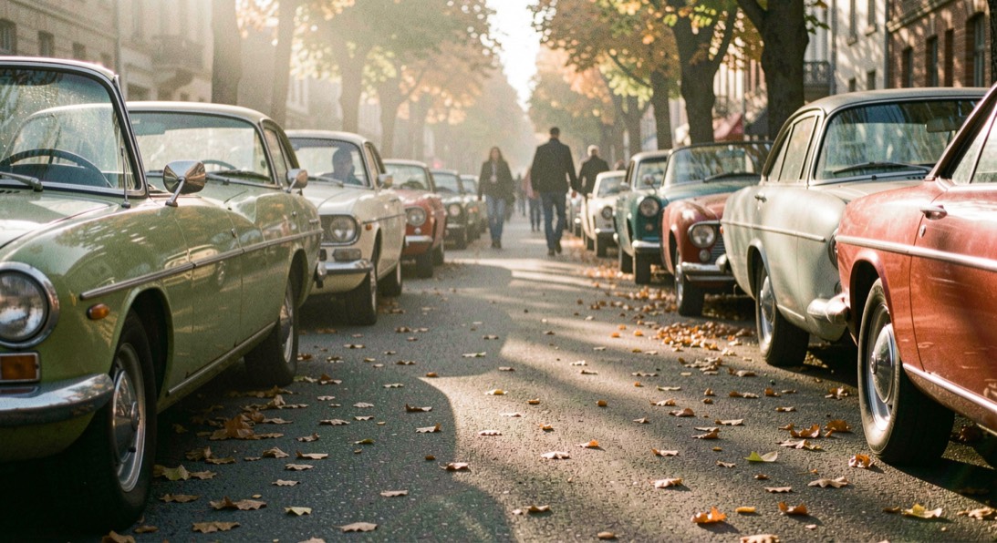 Une allée de voitures anciennes au petit matin, la lumière rasante sur les ailes, quelques feuilles au sol et des promeneurs au fond du cadre.