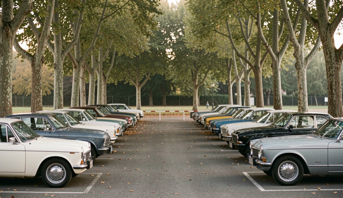 Un parking bordé de platanes au petit matin, des voitures anciennes à la carrosserie brillante rangées en quinconce, une barrière basse et des arbres au fond.