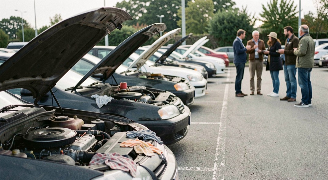 Un alignement de capots ouverts sur un parking de déboulé, des chiffons posés sur une aile, un groupe de curieux qui discute à distance d’un moteur.
